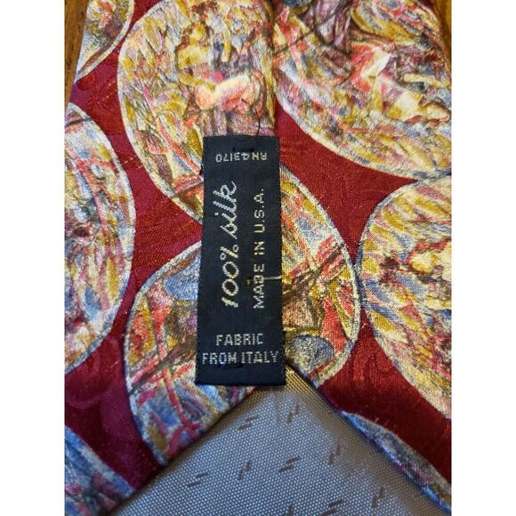 Oleg Cassini Red Abstract Stained Glass Circle Pattern Italian Silk Necktie Tie - Picture 4 of 6